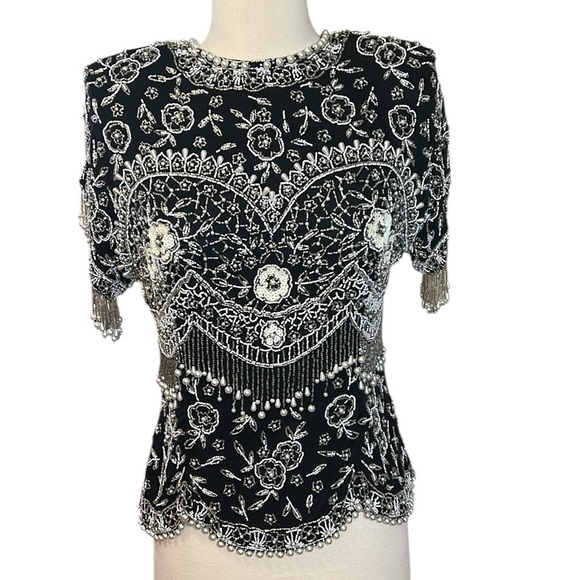 VTG Black Tie By He Ro Industries Sequin Beaded Floral 100% Silk Blouse Sz Small - Picture 1 of 16